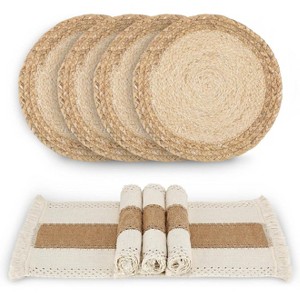 Handmade Boho Placemats Set of 6 - Natural Cotton Burlap and Water Straw Woven Combination Table Mats - 1 of 4