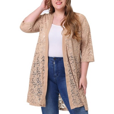 Agnes Orinda Women's Plus Size Lace Open Front 3/4 Sleeve Long Cardigans