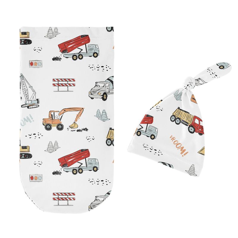 Sweet Jojo Designs Boy Baby Cocoon and Beanie Hat Swaddle Wrap Construction Truck Red Blue and Grey 2pc, 3 of 7