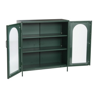 Dark Green Metal Cabinet with Adjustable Shelves and Arched Glass Doors