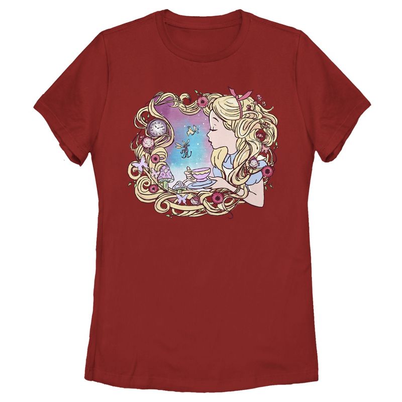 Women's Alice in Wonderland Artistic Alice Long Hair Tea Party T-Shirt, 1 of 5