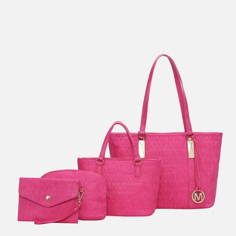 MKF Collection Tote Bag Set 4-Piece Logo Print Vegan Leather, Arya | MKF Collection by Mia K - Fuchsia