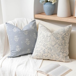 Floral Decorative Throw Pillow Cover 18x18 Set of 2, Farmhouse Coastal Blue Velvet Accent Throw Pillow - 1 of 3