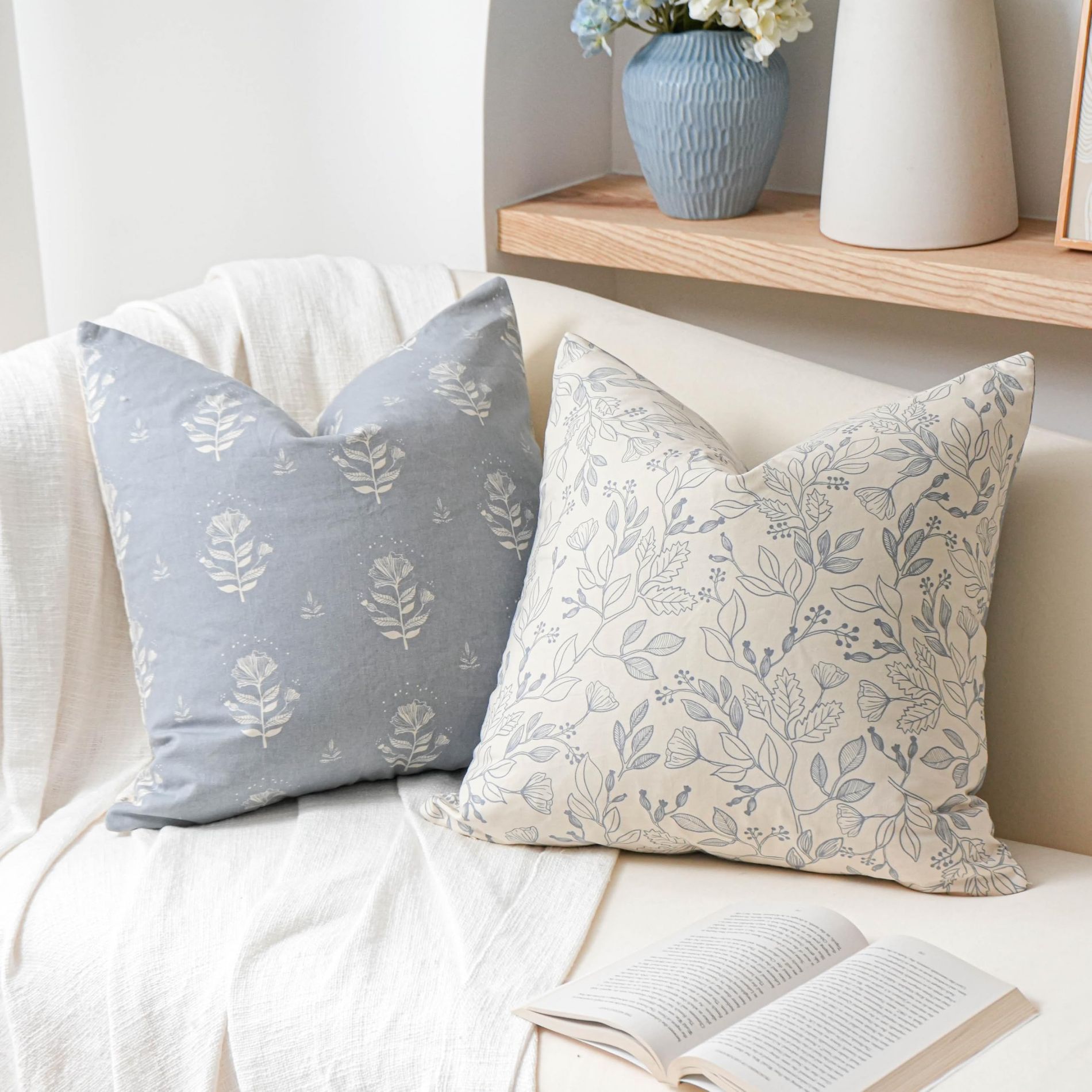 Floral Decorative Throw Pillow Cover 18x18 Set of 2, Farmhouse Coastal Blue Velvet Accent Throw Pillow