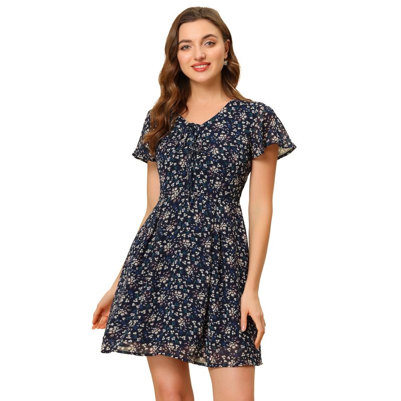 Allegra K Women's Floral Printed Flare Short Sleeve Lace-up V Neck Chiffon Dress, 1 of 7