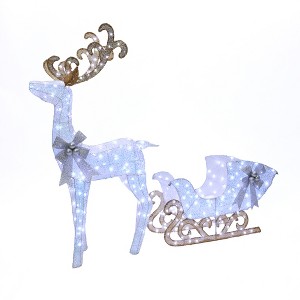 LuxenHome 2-Piece White Reindeer and Sleigh with Silver Bow and Ornaments Outdoor Holiday Decoration with Lights White, Multi, Silver, Brown - 1 of 4