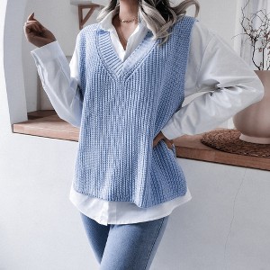 Women's V Neck Knit Sweater Vest Casual Sleeveless Pullover Tops - 1 of 4