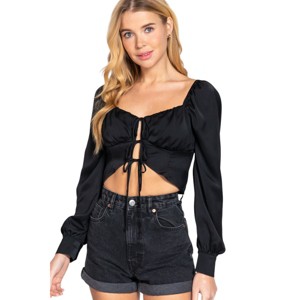 Slickblue Long Sleeve Woven Top for Women, Sweetheart Neck with Tie Detail, Casual to Dressy, Black/Pearl/Rust, S-L - 1 of 4