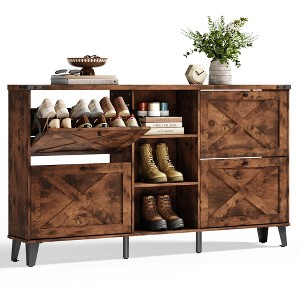 Farmhouse Shoe Cabinet with 4 Flip Drawers and 3 Open Shelves, Entryway Shoe Organizer - 1 of 4