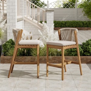 Outdoor Acacia Wood Barstools Set of 4,Rope Woven Backrest Barstools with Cushions,Weather-Resistant Patio Backyard Bar Chairs-Coolbibila - 1 of 4