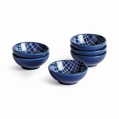 Plum & Post Stria Weaves Dip Bowls, Set of 6 - Dark Blue/White, Ceramic