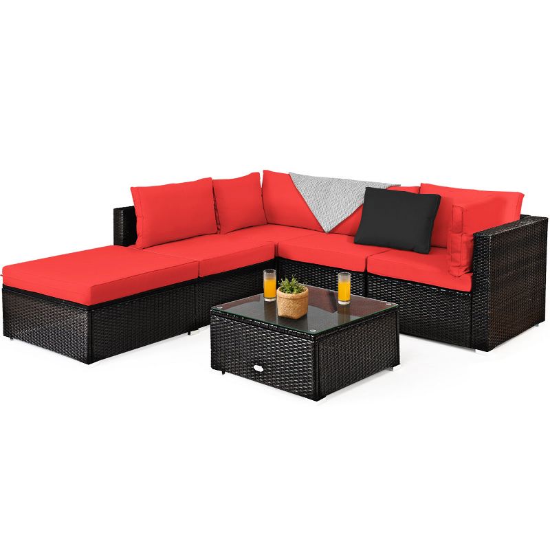 Tangkula 6PCS Patio Rattan Furniture Set Outdoor Sectional Sofa Set w/Coffee Table & Ottoman Black/Navy/Turquoise/Red/Brown, 5 of 7
