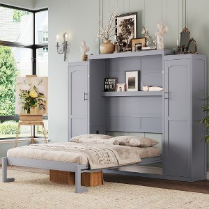 TiramisuBest Full Size Murphy Bed, Wooden Queen Wall Bed with 2 Wardrobe and Storage Shelf, Multifunctional Foldable Platform Bedframe - 1 of 4