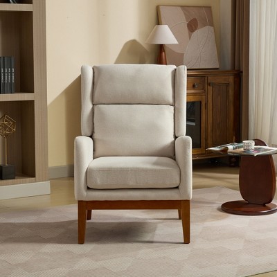Akoasm 26.18 Comfortable Polyester High Back Accent Lounge Armchair With Wood Legs For Living Room & Bedroom-Beige