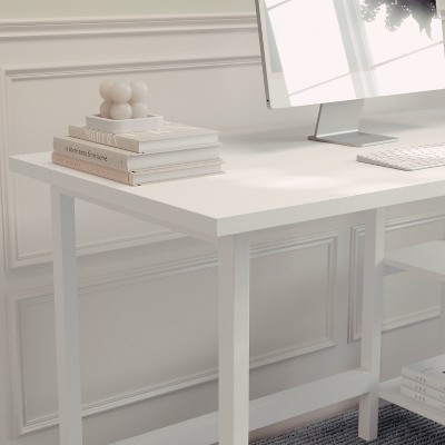 White Wood Grain Home Office Trestle Desk with Shelves
