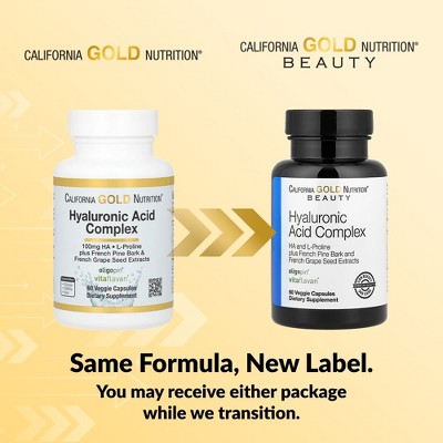 California Gold Nutrition Hyaluronic Acid Complex with L-Proline, French Grape Seed and French Maritime Pine Bark Extract, 60 Veggie Capsules