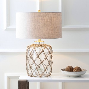 26.5" Glass and Rope Mer Table Lamp (Includes LED Light Bulb) Brown - JONATHAN Y: Coastal Style, UL Listed, Linen Shade - 1 of 4