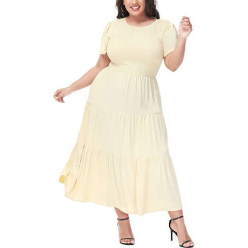 Anna kaci Women s Plus Size Casual Round Neck Flutter Short Sleeve Elastic Waist Smocked Maxi Dress 4x Beige Target