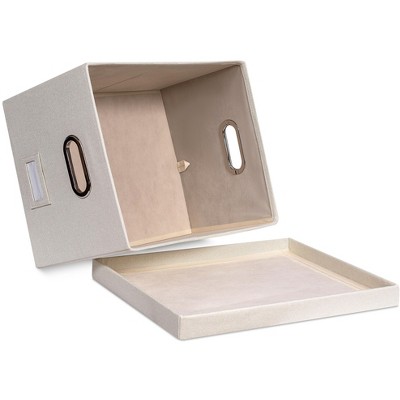 Cream Linen Collapsible File Storage Organizer with Lid