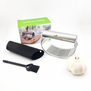 Garlic Press Rocker Stainless Steel Garlic Crusher, Mincer with Garlic Peeler and Cleaning Brush 3-Piece Set - 1 of 4
