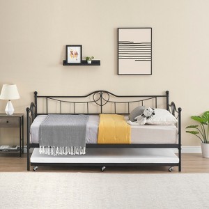Twin Daybed with Trundle, Metal Bed Frame with Pull Out Sleeper, Steel Slat Support, No Box Spring Needed, Easy Assembly - 1 of 4