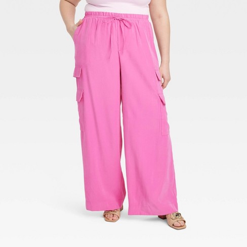 HUPOM Womens Dress Pants Stretchy Cargo Pants Trousers High Waist Rise  Short Straight-Leg Pink 3XL 