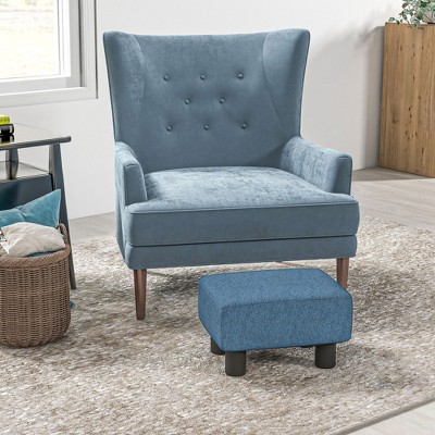 Dark Blue Linen Fabric Pouf Footrest Ottoman with Wooden Legs