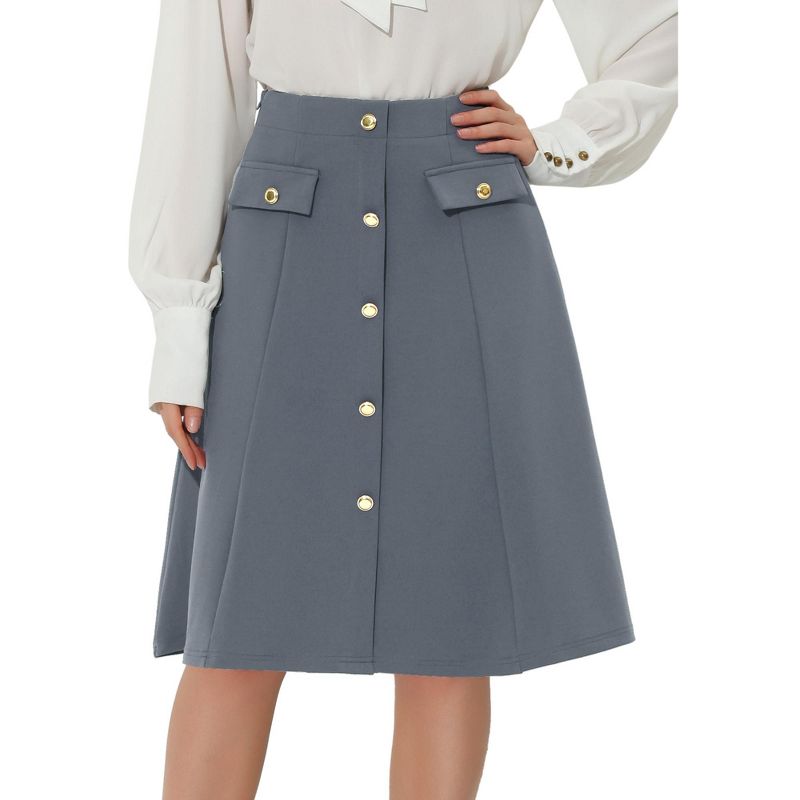 Allegra K Women's Button Decor Work A-Line Formal Knee Length Skirt, 1 of 7