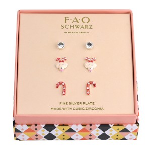 FAO Schwarz Holiday Crystal Stone, Reindeer Puppy and Candy Cane Stud Trio Earring Set - 1 of 3