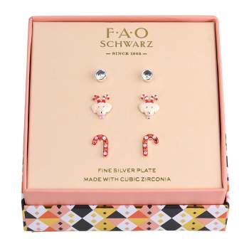 FAO Schwarz Holiday Crystal Stone, Reindeer Puppy and Candy Cane Stud Trio Earring Set