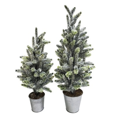 Transpac Artificial 20.87 in. Green Christmas Rustic Frosted Bucket Trees Set of 2