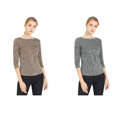 INSPIRE CHIC Women's Work Office 3/4 Sleeve Boat Neck Houndstooth Printed Blouse 2 Packs