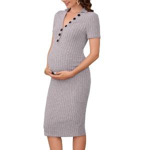 Women's Maternity Dress Long Sleeve/Short Sleeve V Neck Sweater Dress Button Ribbed Knit Slim Fit Elegant Midi Dresses - 1 of 4