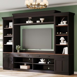 Farmhouse Entertainment Center Wall Unit for 70" TV,4-Piece Media Console with Bookshelves & Adjustable Shelves,108"W-Baofuwish - 1 of 4
