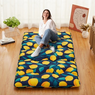 Japanese Style Floral Print Futon Mattress, Portable Floor Mattress Roll-Up Tatami Mat with Yellow Lemon Design, Ideal for Sleeping & Travel
