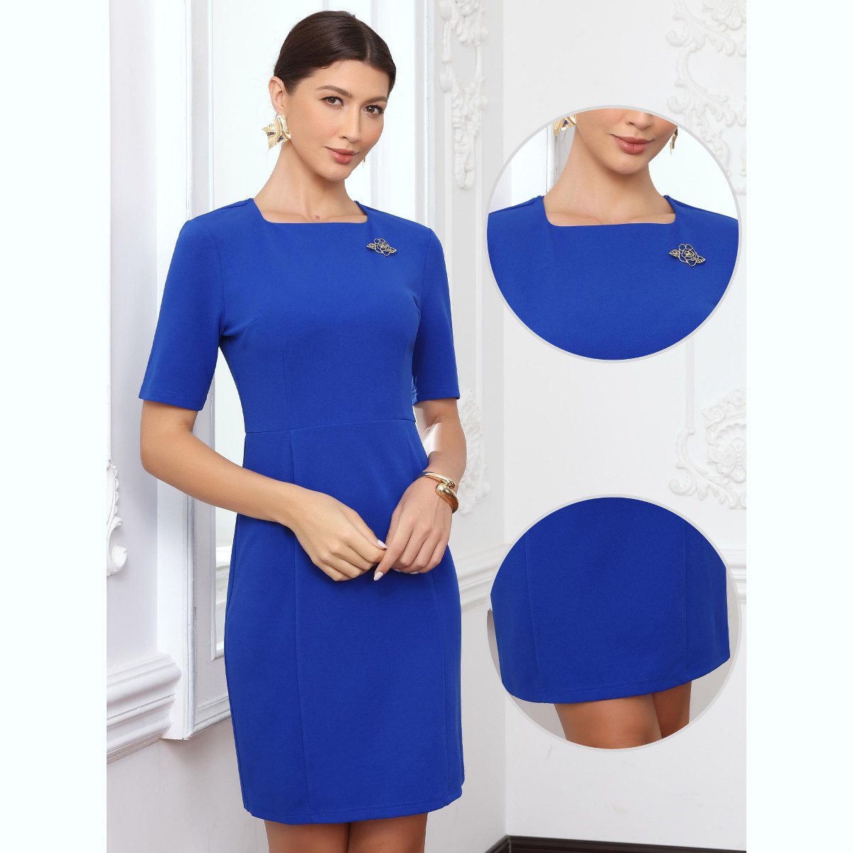 Женские платья INSPIRE CHIC Women's Square Neck Short Sleeve Work Business Casual Sheath Mini Dresses X-Large Royal Blue — фото 2