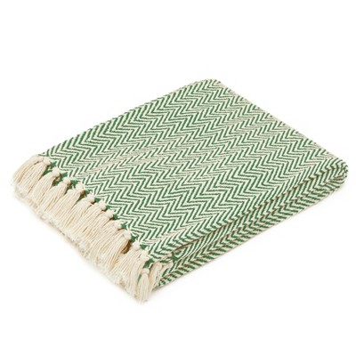 Americanflat Zaina Throw Blanket in Sage and Beige Herringbone - 100% Cotton with Fringe - 50" x 60"