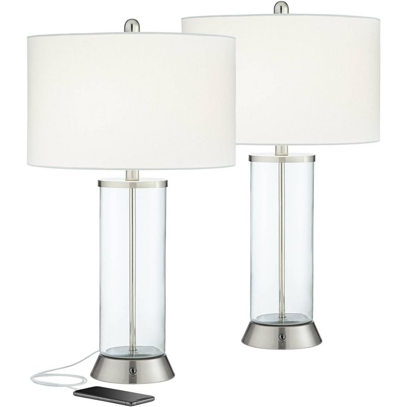 360 Lighting Watkin Modern Table Lamps 27 1/2" Tall Set of 2 Clear Glass with USB and AC Power Outlet LED White Shade for Bedroom Living Room Bedside, 1 of 10
