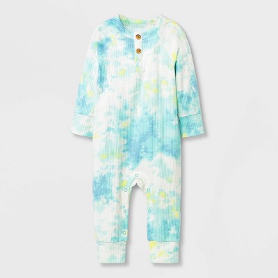 Image of Baby Boys' Tie-Dye Rib Henley Long Sleeve Romper - Cat & Jack™ Green 3-6M
