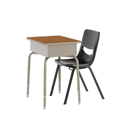 Emma and Oliver Desk/Chair Set with Metal Open Front Storage Box, Desktop, Metal Frame and Stackable Flex Comfort Classroom Chair