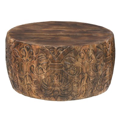 The Urban Port 34" Handcrafted Mango Wood Coffee Table Round Drum Shape Carved Damask Pattern Walnut Brown