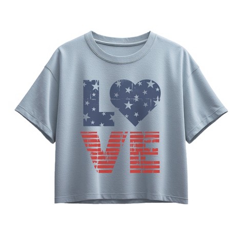 Instant Message Girls' Instant Message Love USA Short Sleeve Boxy Graphic T-Shirt - Chambray Blue - Medium