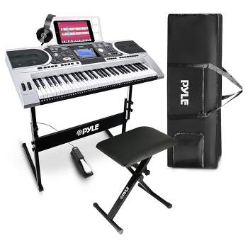 Pyle 61 Keys 2 in 1 Play and Sing Along Portable Electronic Piano Keyboard with Sustain Pedal, Headset, Weatherproof Bag, Stool, and Keyboard Stand