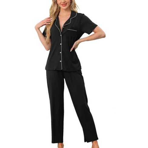 Cheibear Women s Button Down Short Sleeve Shirt And Pants 2 Piece Pajama Set Loungewear Black Small Target