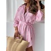 Womens T Shirt Dress Side Slit Button Down Shirts Casual Stripe Shirts Tops with Waist Belts - 4 of 4