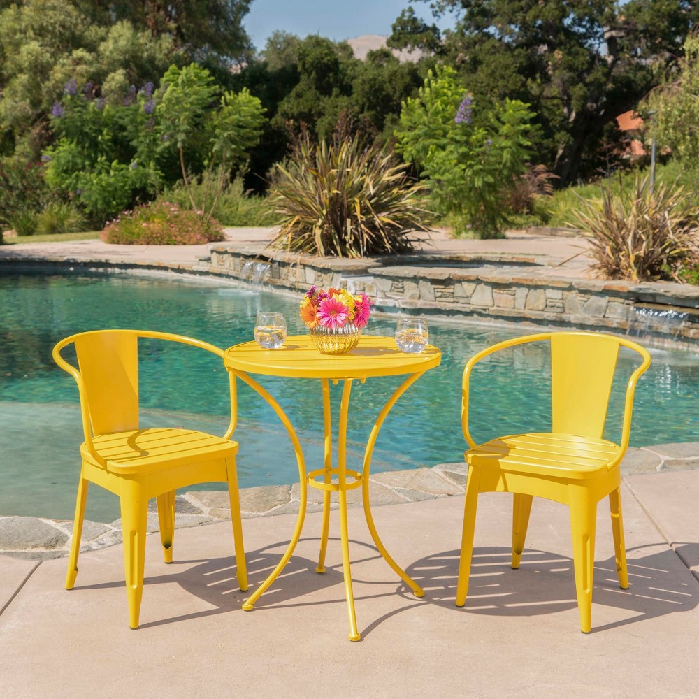 Photos - Dining Table Colmar 3pc Cast Iron Patio Bistro Set: Weather-Resistant, Galvanized Steel Hardware - Christopher Knight Home Matte Yellow