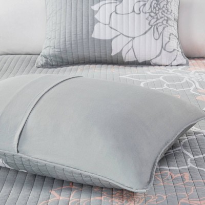 Gray and Peach Floral Reversible Cotton Full Quilt Set