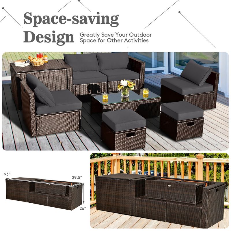 Costway 8PCS Patio Rattan Furniture Set  Space-Saving Storage Cushion Black\Turquoise\Navy cover, 5 of 10