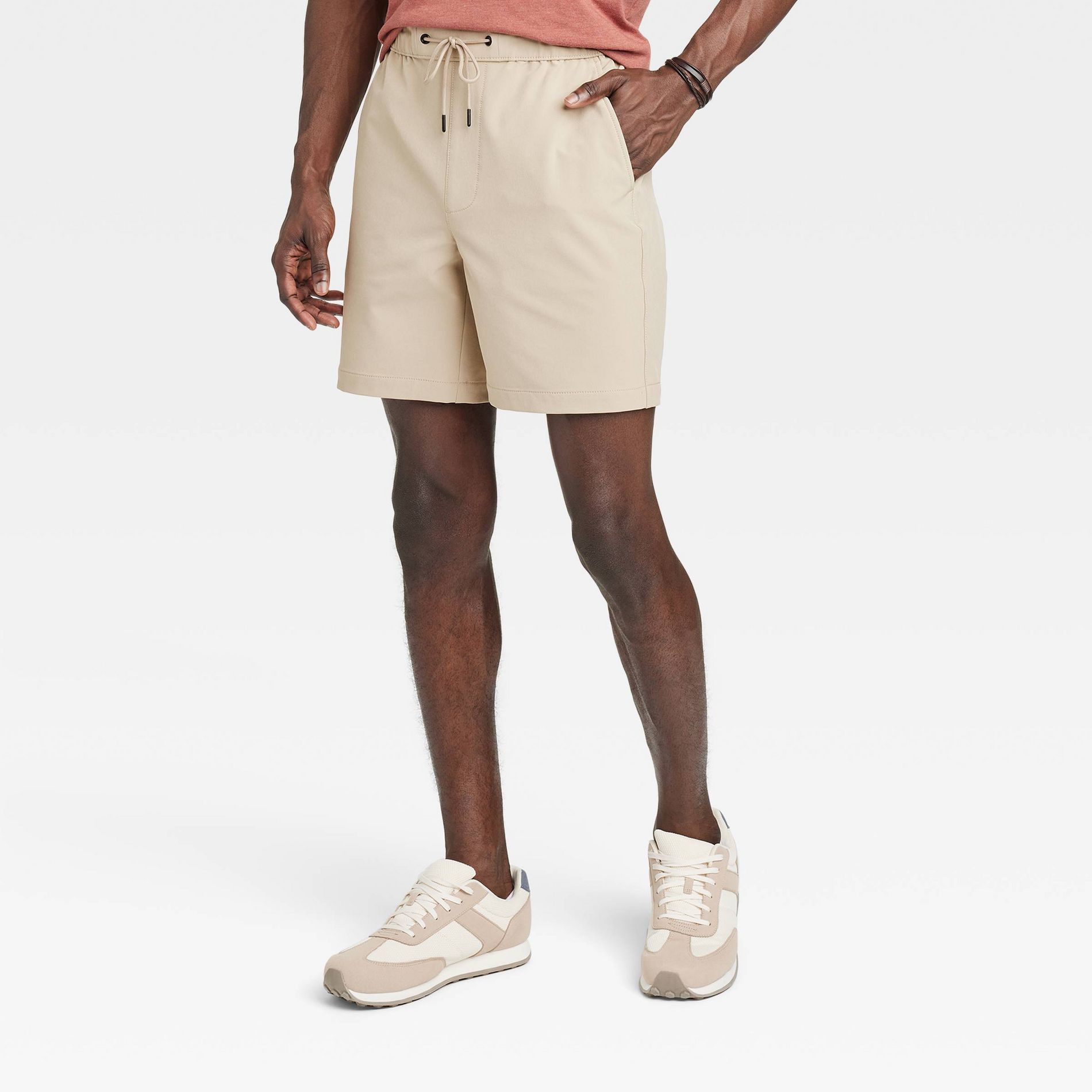 Men's 7" Tech Pull-On Shorts - Goodfellow & Co™ Light Taupe XXL: Recycled Polyester, Spandex, Mid Rise