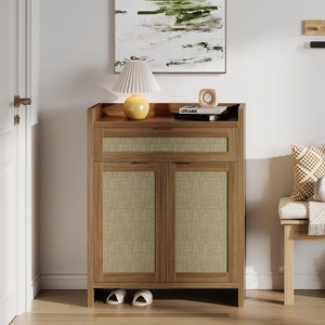 Rattan Shoe Cabinet, Boho Shoe Storage Organizer Cabinet with Drawer, 41" Tall Wooden Shoe Cabinet with 2 Doors, 6-Tier Farmhouse Storage Cabinet - 1 of 4